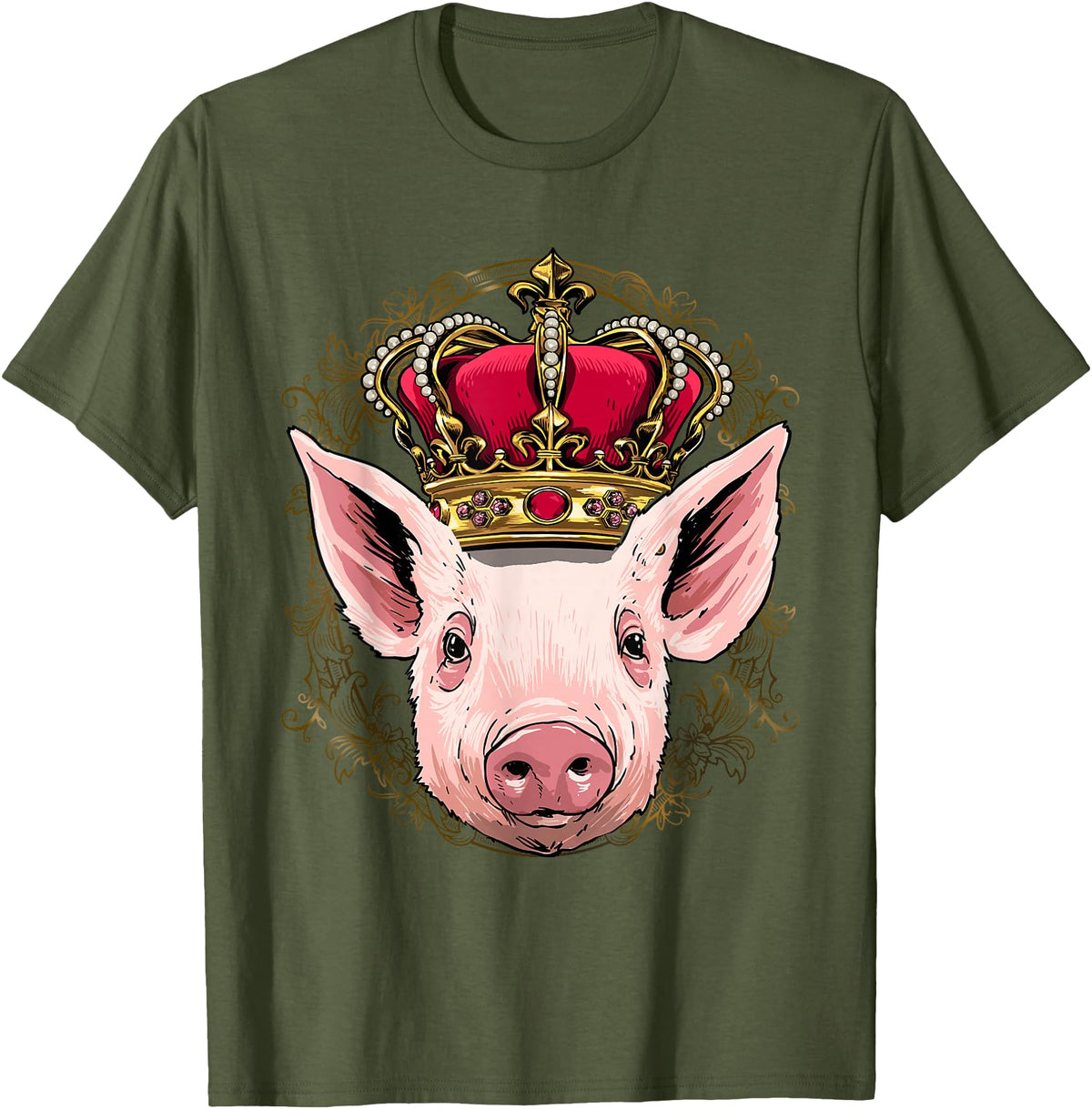Wowsome! King Pig Wearing Crown - Queen Pig Animal T-Shirt - Olive Green