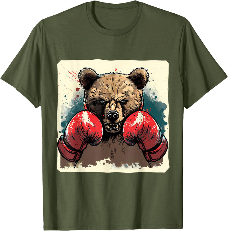 Funny Boxing Animals Boxer Bear With Boxing Gloves Kickboxing Funny Boxing T-Shirt - Olive Green