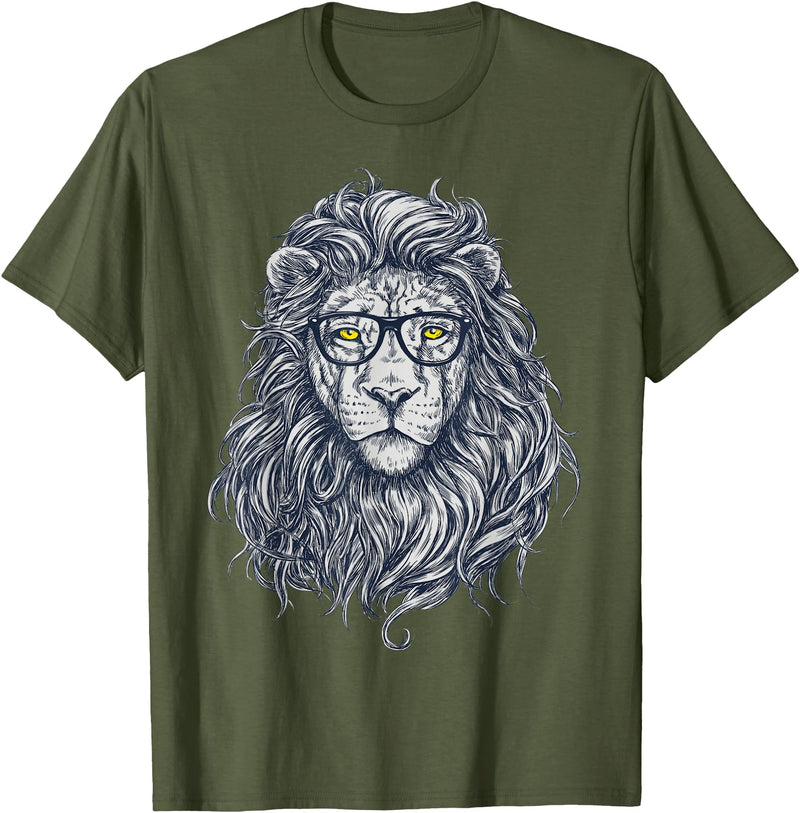 Wise Animal Cool Lion in Glasses Hipster Funny Nerd Humor T-Shirt - Olive Green