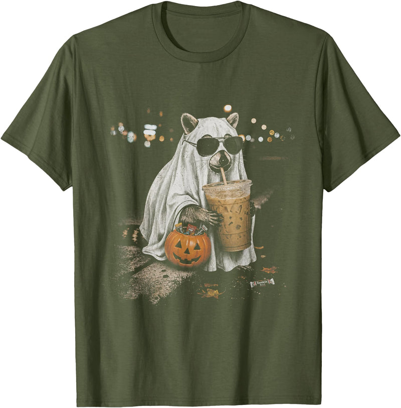 Funny Halloween Raccoon with Pumpkin and Coffee Raccoon with Pumpkin and Coffee Vintage 90s Halloween T-Shirt - Olive Green