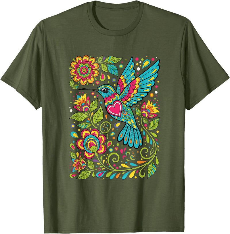 FolkFlight Design Co Bird Hummingbird Floral Folk-Art Colorful T-Shirt - Olive Green