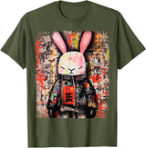 Hip Hop Y2K Rabbit Hipster Edgy Streetwear Bunny Samurai T-Shirt in Olive Green