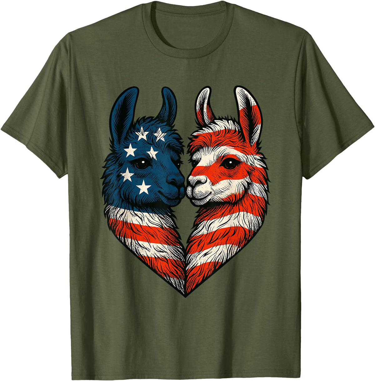 Fourth of July Clothing Co. Patriotic Llamas Heart American Flag 4th of July Graphic T-Shirt - Olive Green