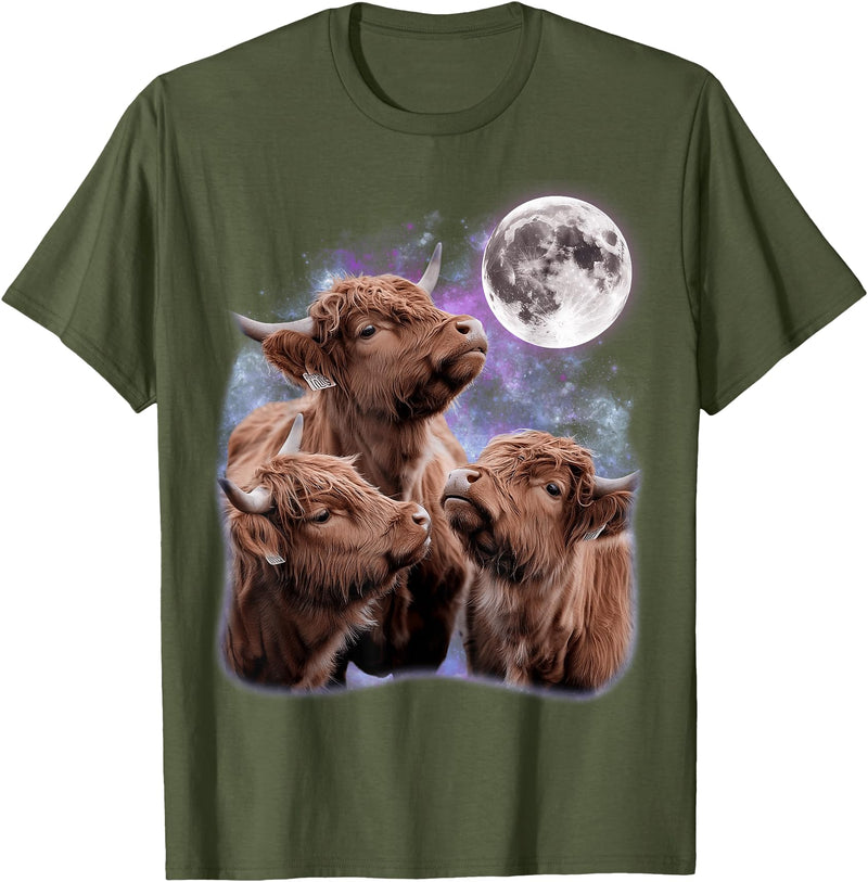 Cute Baby Highland Cow Animal Lover Gifts Tee 3 Highland Cow Howling at the Moon Meme Funny Cow Lover T-Shirt - Olive Green