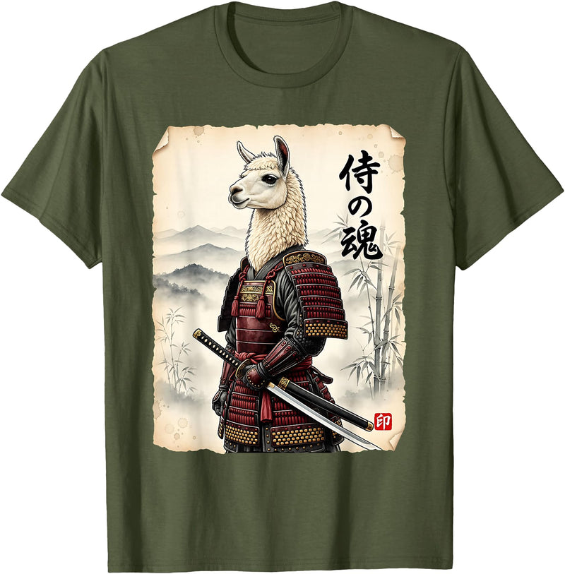 Vintage Samurai Alpaca Llama Japanese Art Tees Samurai Llama Japanese Art Vintage Alpaca Funny Animal T-Shirt - Olive Green