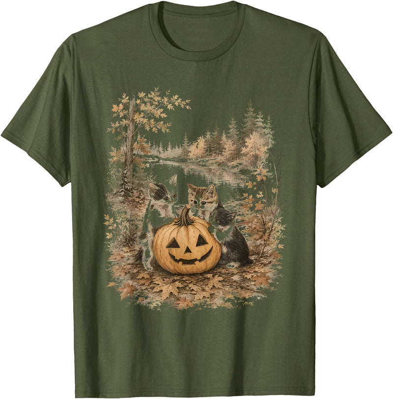 Vintage 90s Cats And Pumpkin Halloween Women Men Funny Retro 90s Kitten Black Cats and Pumpkin Halloween T-Shirt - Olive