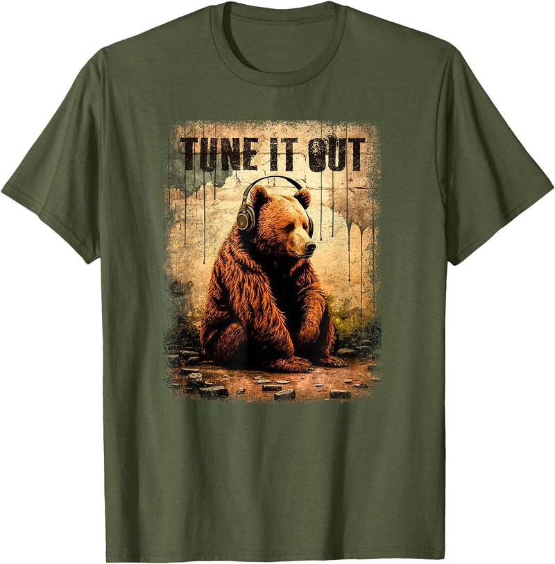 Tune It Out Bear - HQ Tune It Out Brown Bear With Headphones Grizzly Music Noise T-Shirt - Olive Green