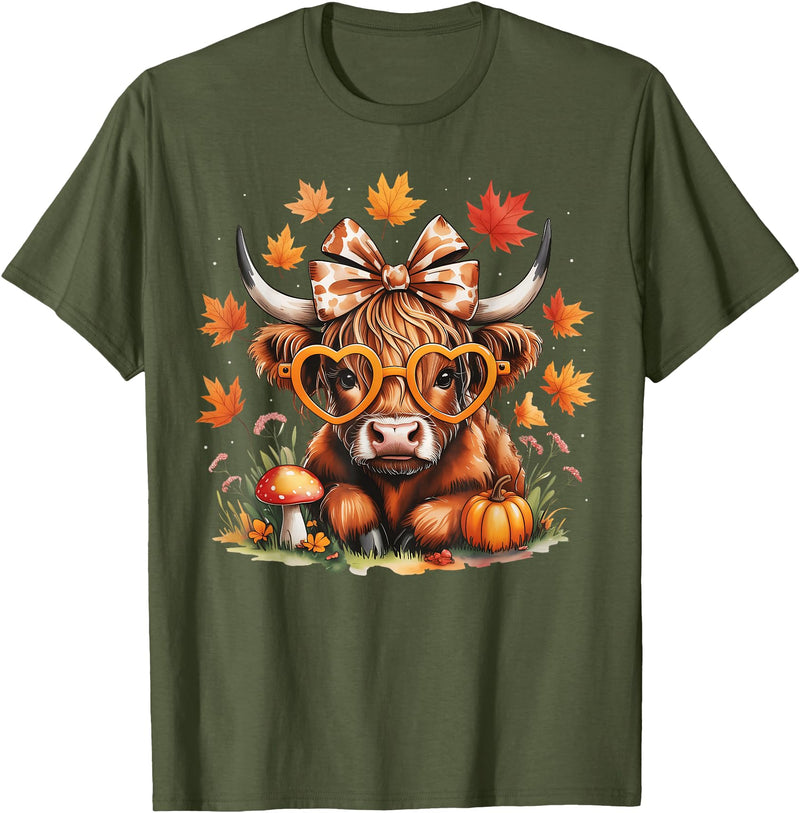Fall Highland Cow Bow ThanksGiving Ades.shirt Fall Highland Cow Pumpkin Bow Thanksgiving Fall Girl Women T-Shirt - Olive