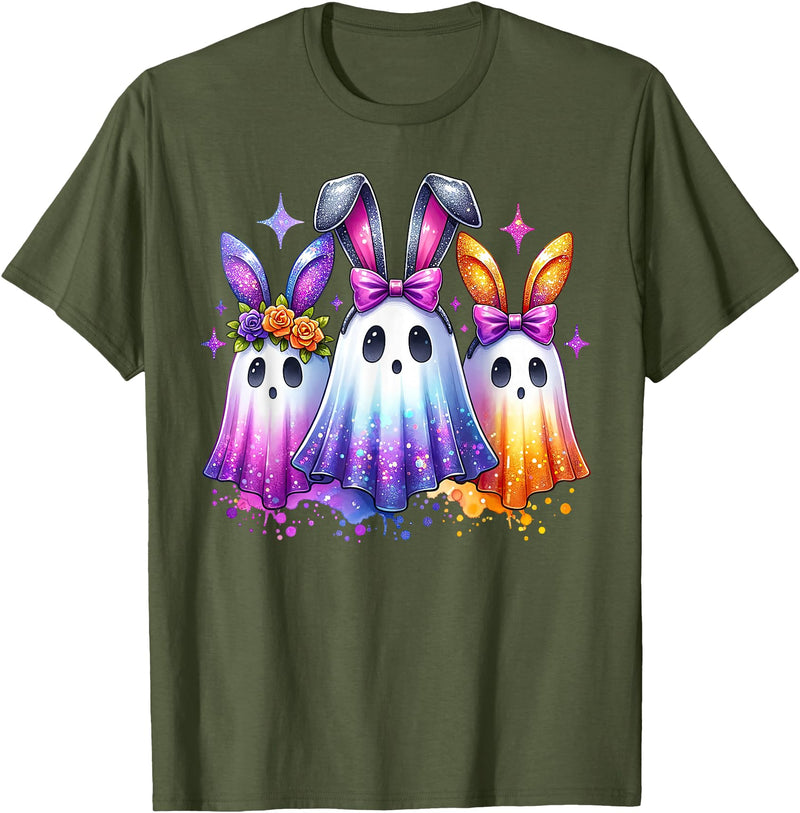 Colorful Cute Ghost Bunny Ears Spooky Easter Rabbit Lover T-Shirt in Olive Green