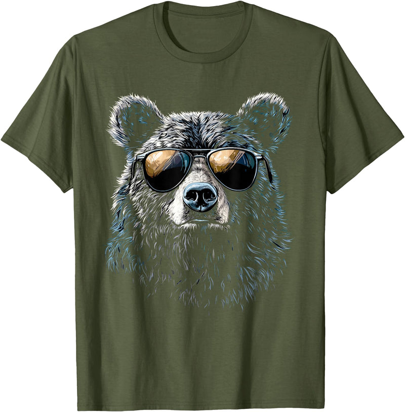 Forest Illustration Bear Art Nature Bear Wearing Sunglasses Wildlife Artwork Graphic Bear T-Shirt - Olive Green
