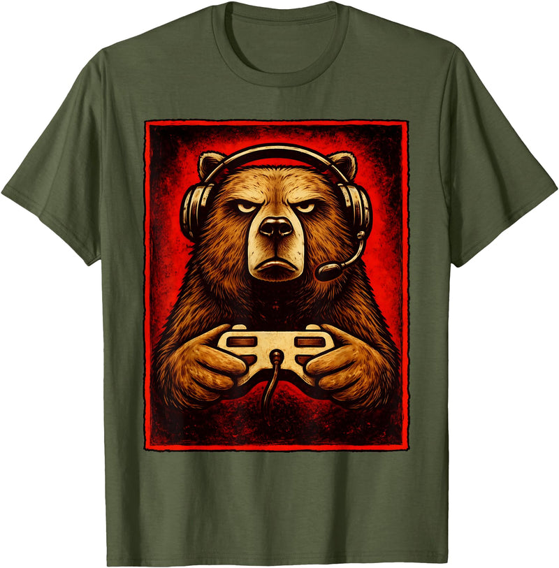 Funny Gaming Bear Gamer Graphic Gamer Bear Graphic Funny Gaming Animal Grizzly Bear Costume T-Shirt - Olive Green