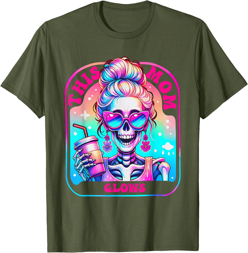 Glow Mom Apparel This Mom Glows Skeleton Mom Colorful Design T-Shirt - Olive Green