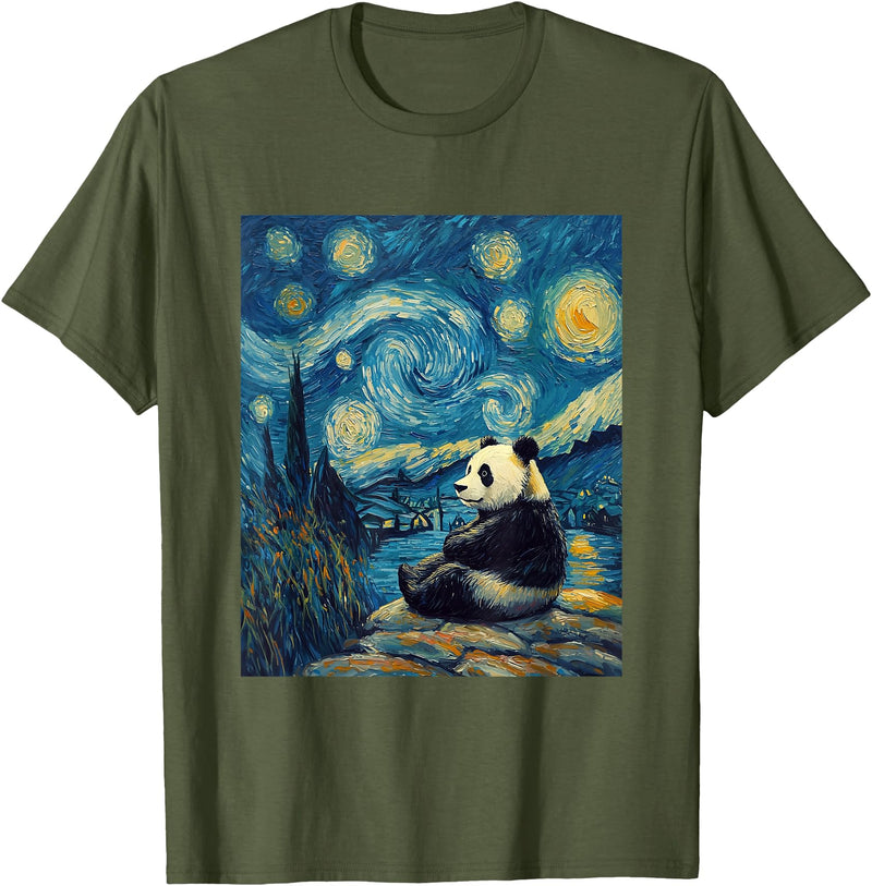 Bear Designs. Cute Panda Bear Van Gogh Style Starry Night Graphic T-Shirt - Olive Green