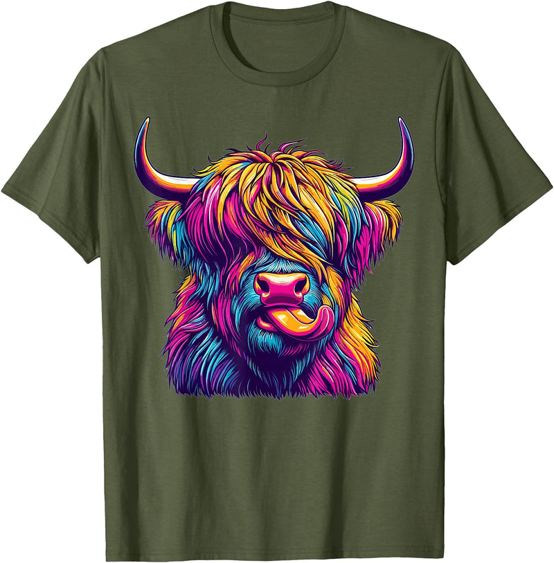 Funny Highland Cow Lover Colorful Highland Cow T-Shirt - Olive Green