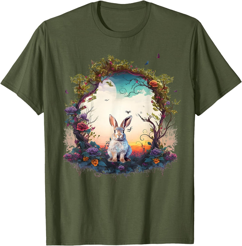 Mountain Woodland Animals Cute Rabbit Nature Floral T-Shirt in Olive Green
