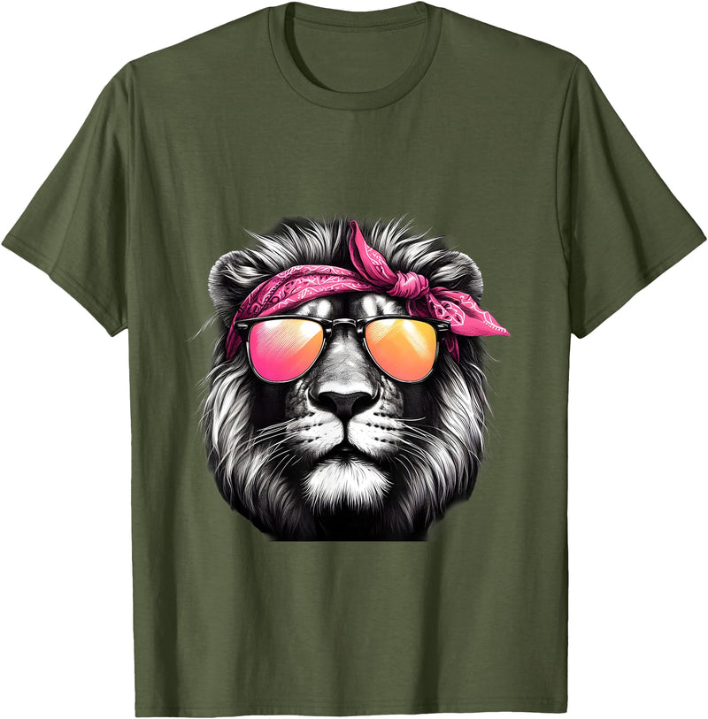 Fashionable Animals Wearing Pink Bandanas Lion Wearing a Pink Bandana Headband and Sunglasses T-Shirt - Olive Green