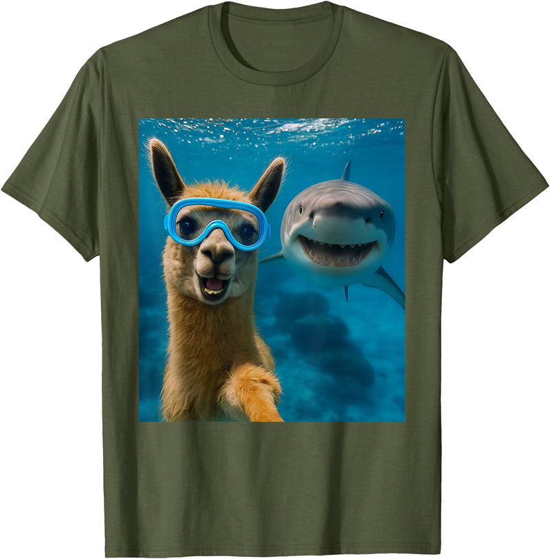Selfie Llama and Shark Summer Scuba Diving Funny Llama Selfie with Shark Ocean Lovers T-Shirt - Olive Green