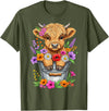 Funny Highland Cow Lovers Cute Baby Highland Cow Bucket Floral Farm T-Shirt - Olive Green