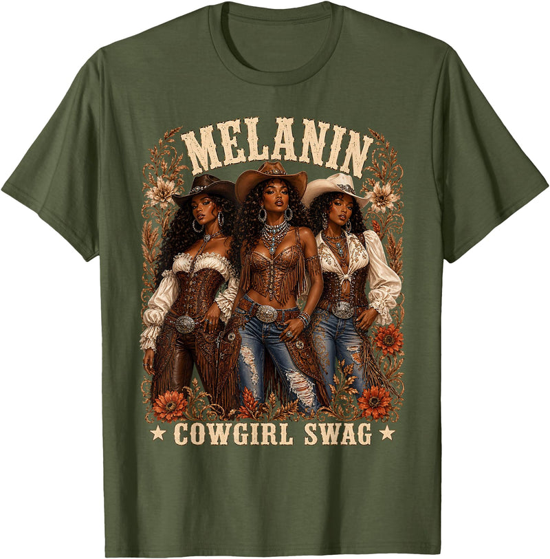 Cowgirl apparels Women Melanin Cow Girl Outfit Cowgirl for Women African Melanin Cow Girl Outfit T-Shirt - Olive Green