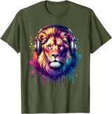 Funny Animal With Headphones Lion with Headphones T-Shirt - Olive Green