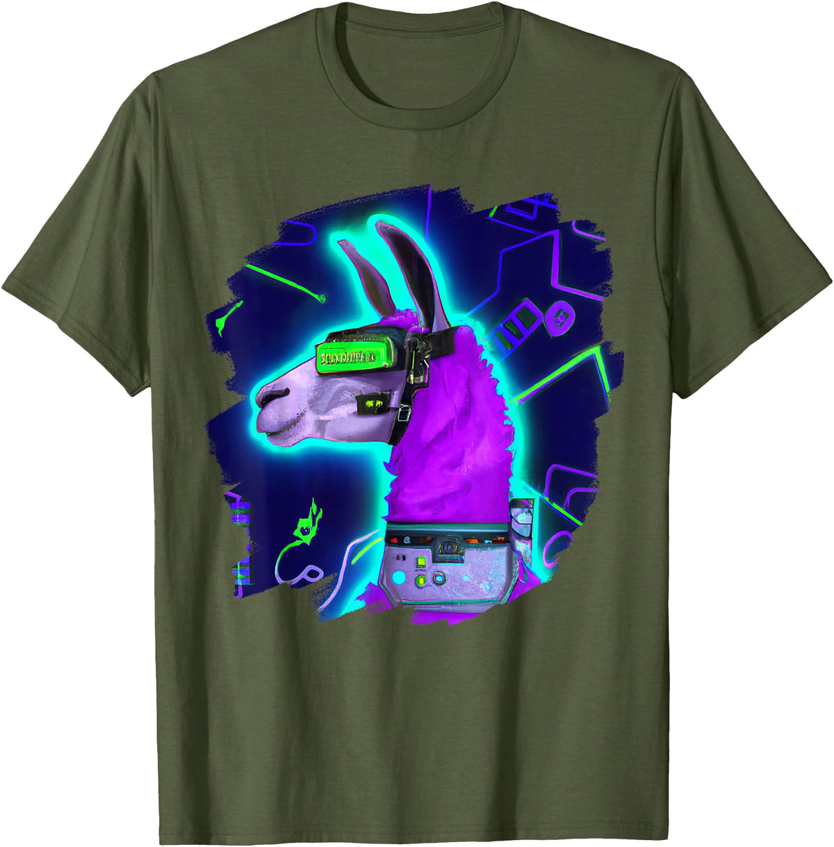 Llama Robot Cyborg Life Apparel Llama Cyborg Robot Llama Cool Artistic Retro Alpacas T-Shirt - Olive Green