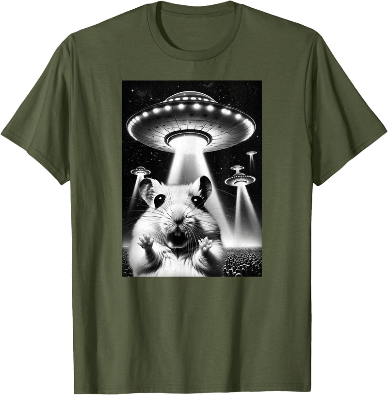 Hamster UFO | Funny Invasion Meme Alien Hamster UFO Selfie T-Shirt - Olive Green
