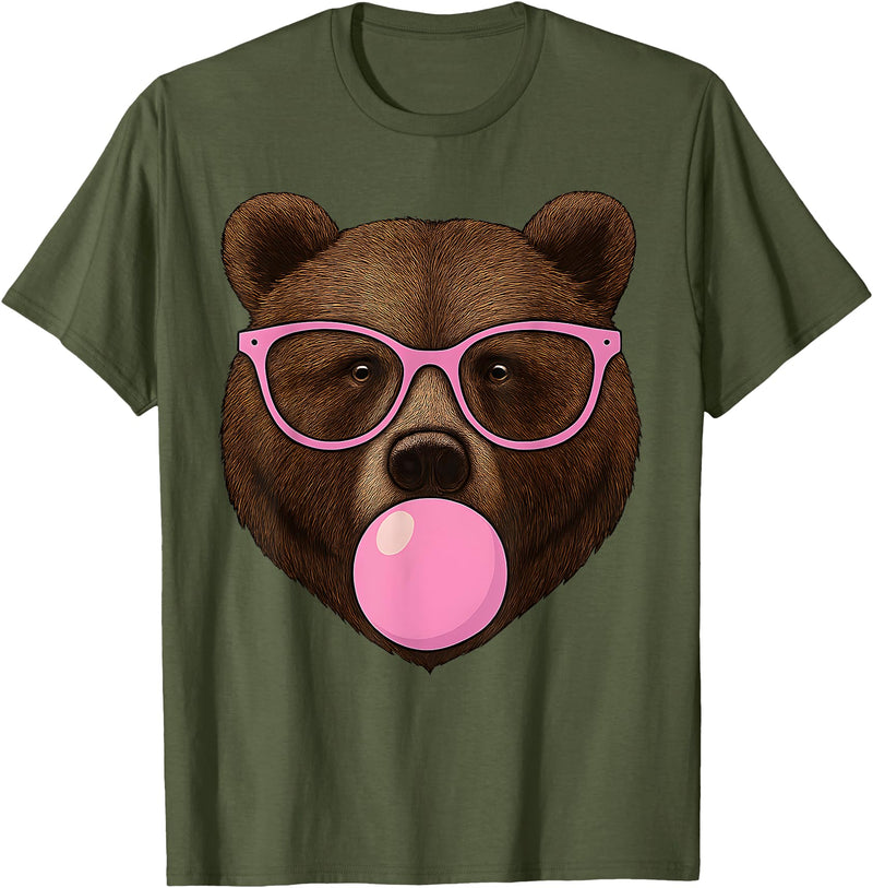 Bear Face Wearing Glasses Apparel For Women ladies Cute Bear Face Eating Gum and Makes Bubble Funny Bears Women T-Shirt - Olive Green
