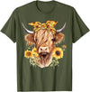 Kala Floral Highland Cow Designs Cute Scottish Highland Cow Wearing Sunflower Bandana Heifer T-Shirt - Olive Green