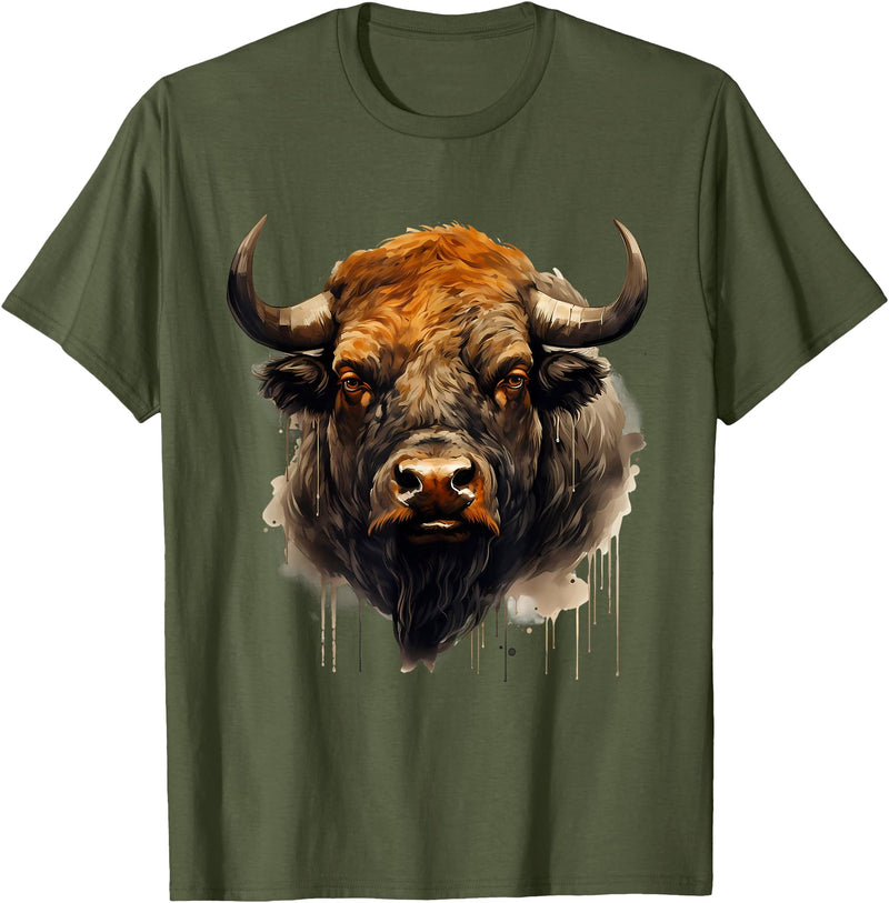 Safari Animal Art Buffalo Animal Print Portrait Bison Nature Artwork T-Shirt - Olive Green