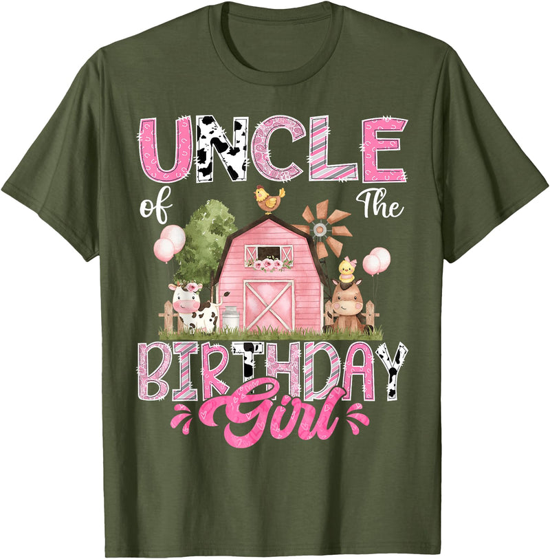 Famer Pink Cow Birthday Matching Tees Uncle Of The Birthday Girl 1St Birthday Pink Cow Farm T-Shirt - Olive Green