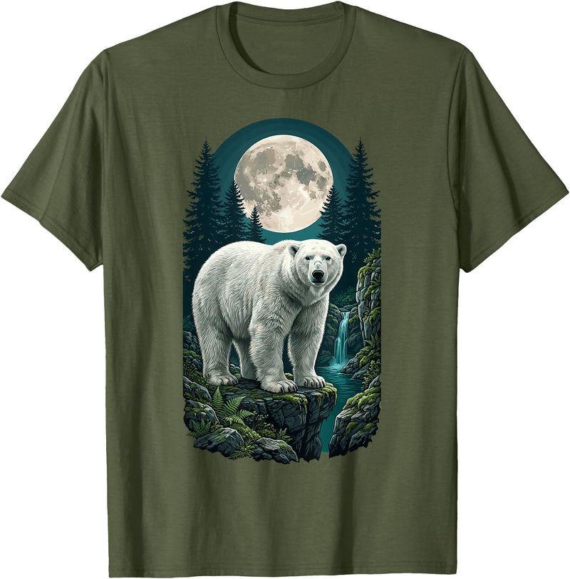 Polar Wilderness Fan Wildlife Lover Polar Bear Full Moon Night Forest Wildlife Nature Lover T-Shirt - Olive Green