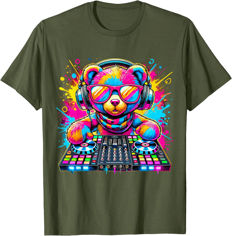 Magical and Funny Music lover Gifts DJ Teddy Bear Disco Hip Hop T-Shirt - Olive Green
