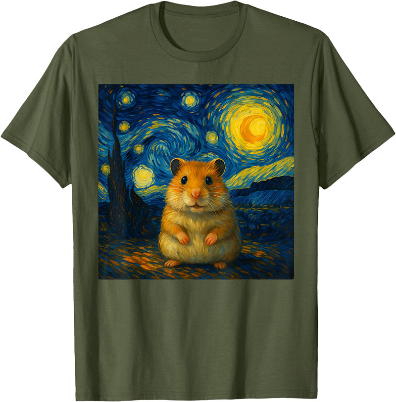 Hamster Starry Night Van Gogh Art for Men Women Kids T-Shirt - Olive Green