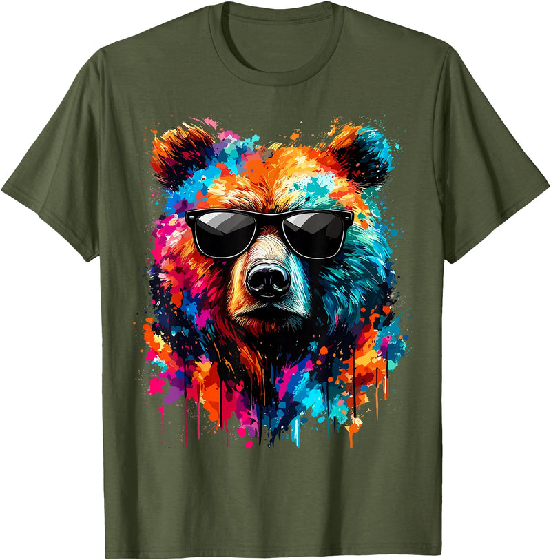 Funny Colorful Bear Lover Wildlife Colourful Bear with Sunglasses T-Shirt - Olive Green