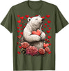 Romantic Animals Valentine’s Day Presents Cute Polar Bear with Red Roses Hearts Valentine’s Day Animal T-Shirt - Olive Green