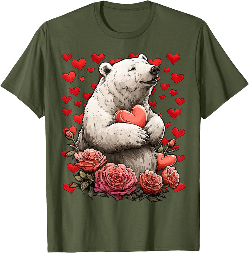 Romantic Animals Valentine’s Day Presents Cute Polar Bear with Red Roses Hearts Valentine’s Day Animal T-Shirt - Olive Green