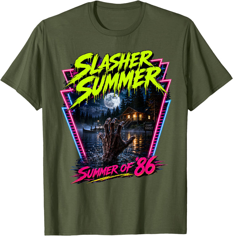 Summerween Slasher Summer Halloween Spooky Tee Vintage Summerween Funny Slasher Summer Halloween 80s Style T-Shirt - Olive