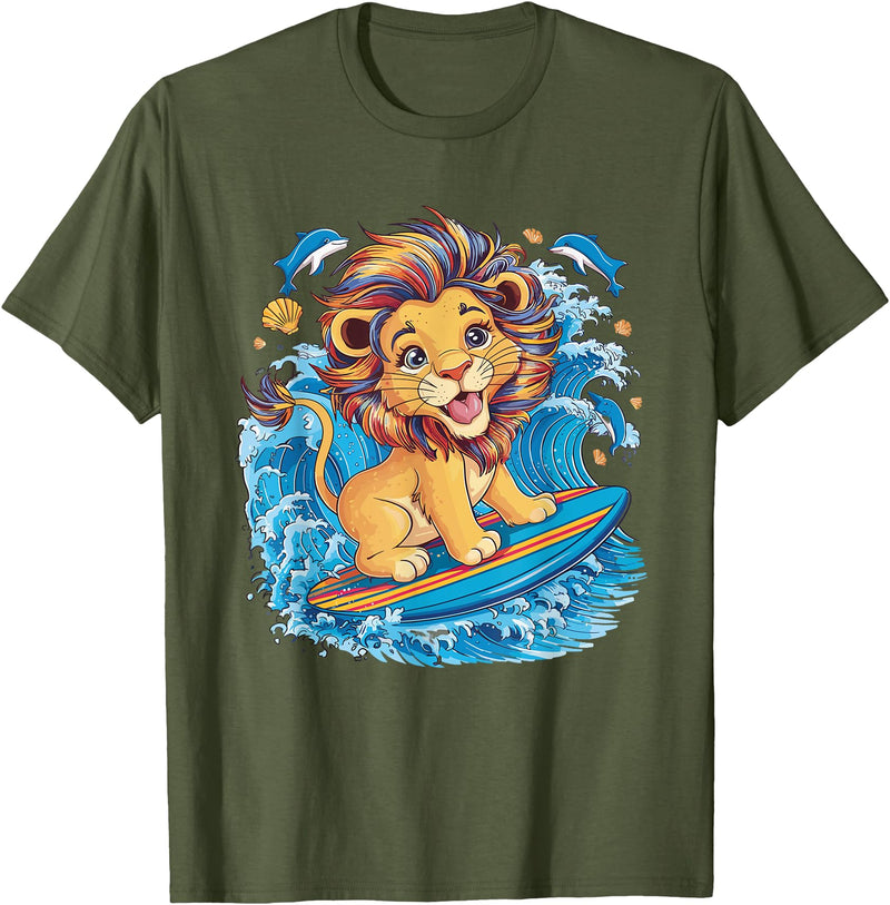 Cute Lion surfing gifts Cute Surfing Lion Riding the Waves T-Shirt - Olive Green