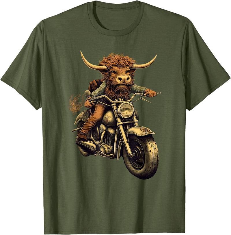 Scottish Highland Cow motorcycle Lovers gift Scottish Highland Cow Cattle Hairy Cow Rides motorcycle men T-Shirt - Olive