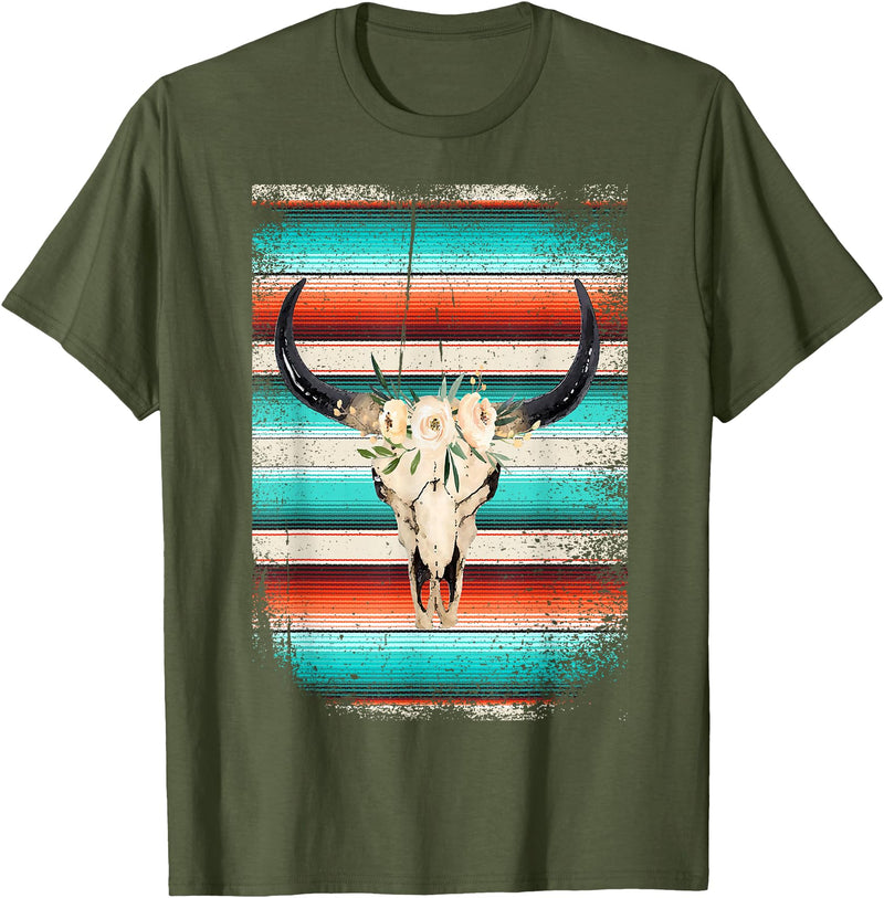Funny Serape Cow BOHO designs Funny Serape Cow BOHO print Flower Rustic Turquoise T-Shirt - Olive Green