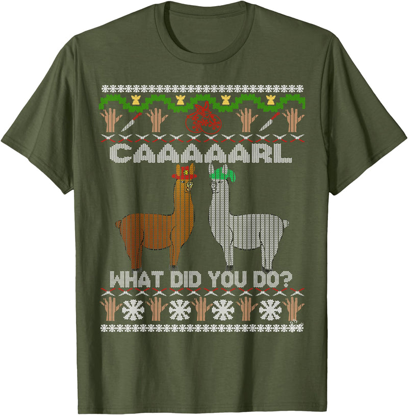 llama shirt collection by Jean Olivier funny llama with hats Christmas look carl what did you do T-Shirt - Olive Green