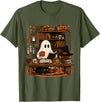 Retro Ghost Reading Funny Halloween Spooky Book Lover T-Shirt - Olive Green