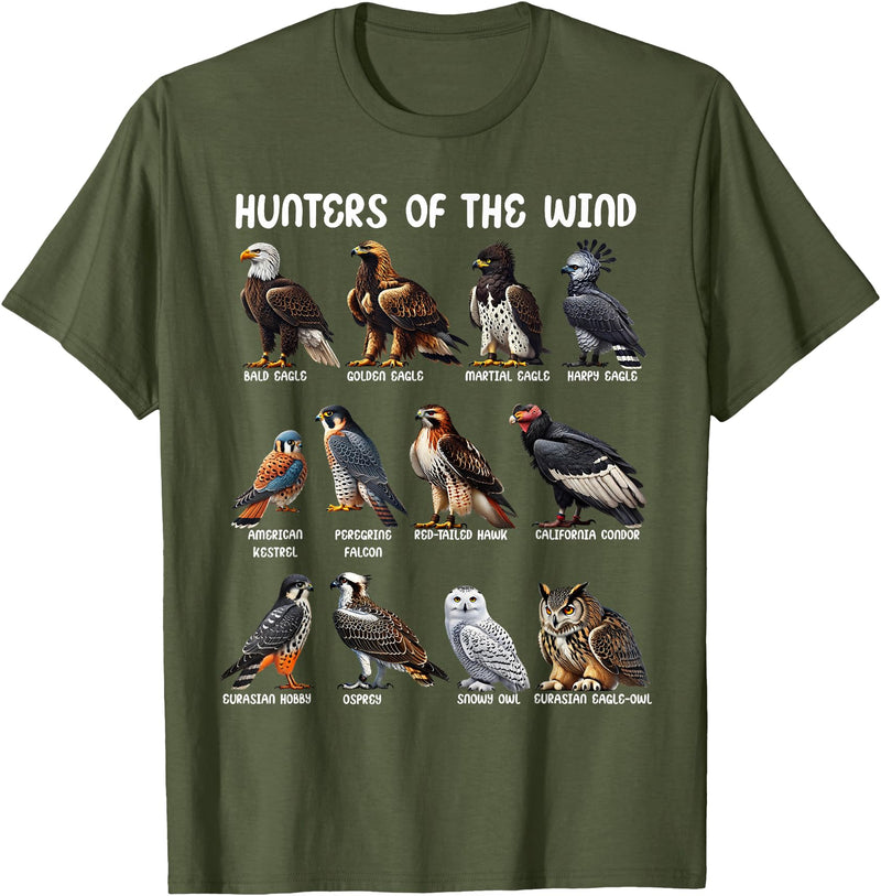 Bird Lover Hunters of the Wind Birds of Prey Falcon Owl Birding Raptors T-Shirt - Olive Green