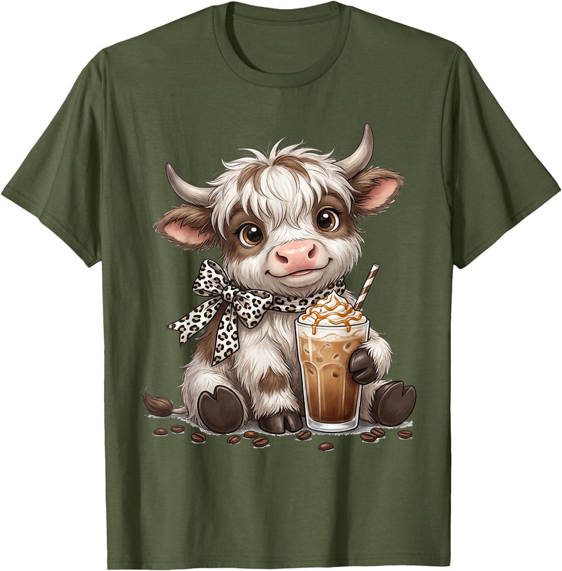 Funny Highlander Cow Drinking Coffee Lover Designs Highland Cow Drinking Iced Coffee Lover Funny Animal Meme T-Shirt - Olive