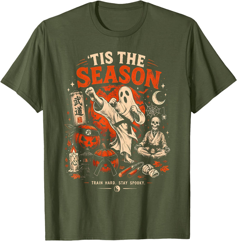 Halloween Pumpkin Ghost Martial Artists Karate Tis The Season Karate Pumpkin Ghost Martial Arts Halloween T-Shirt - Olive