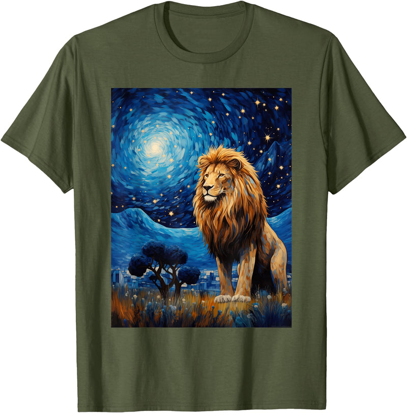 Painting Style Lion Lover Lion Starry Night Van Gogh Style Graphic T-Shirt - Olive Green