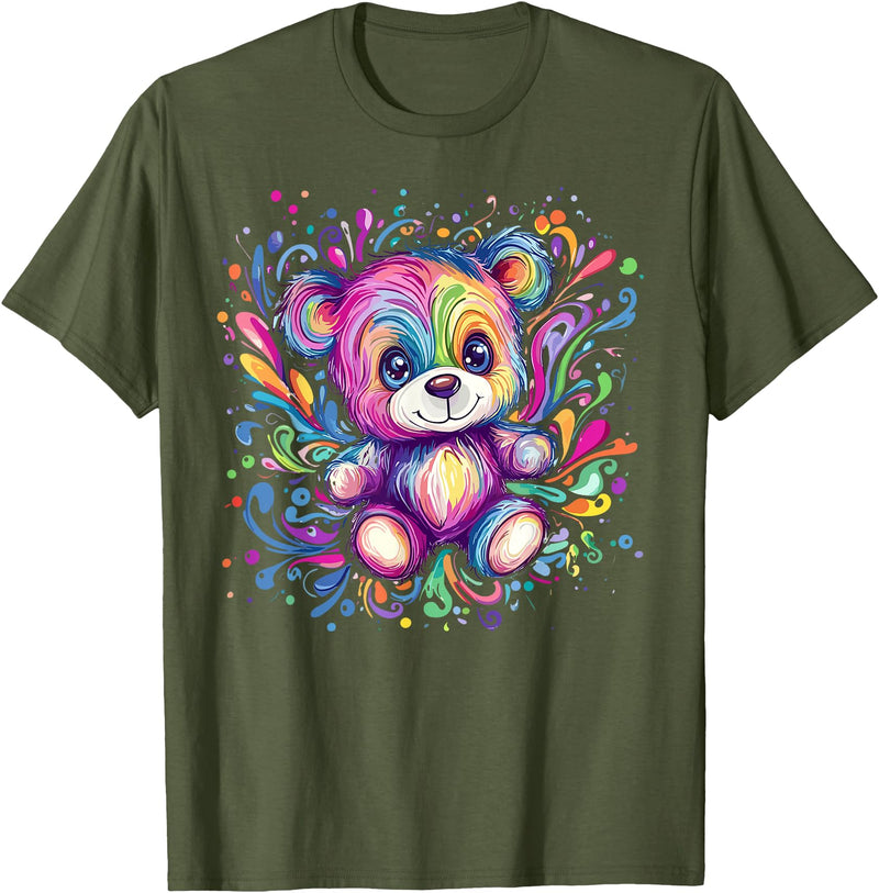 Vibrant Colorful Teddy Bear Illustration Rainbow Splash Teddy Bear T-Shirt - Olive Green
