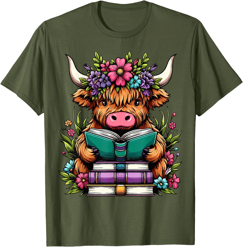 Funny Highland Cow Lover Highland Cow Book Floral Bookworm T-Shirt - Olive Green