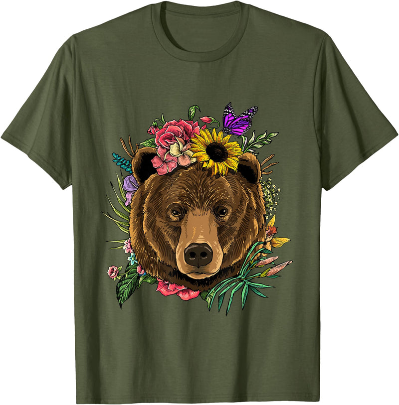 Wowsome! Bear Shirt Nature Floral Grizzly Bear Face Animal Bear Lover T-Shirt - Olive Green