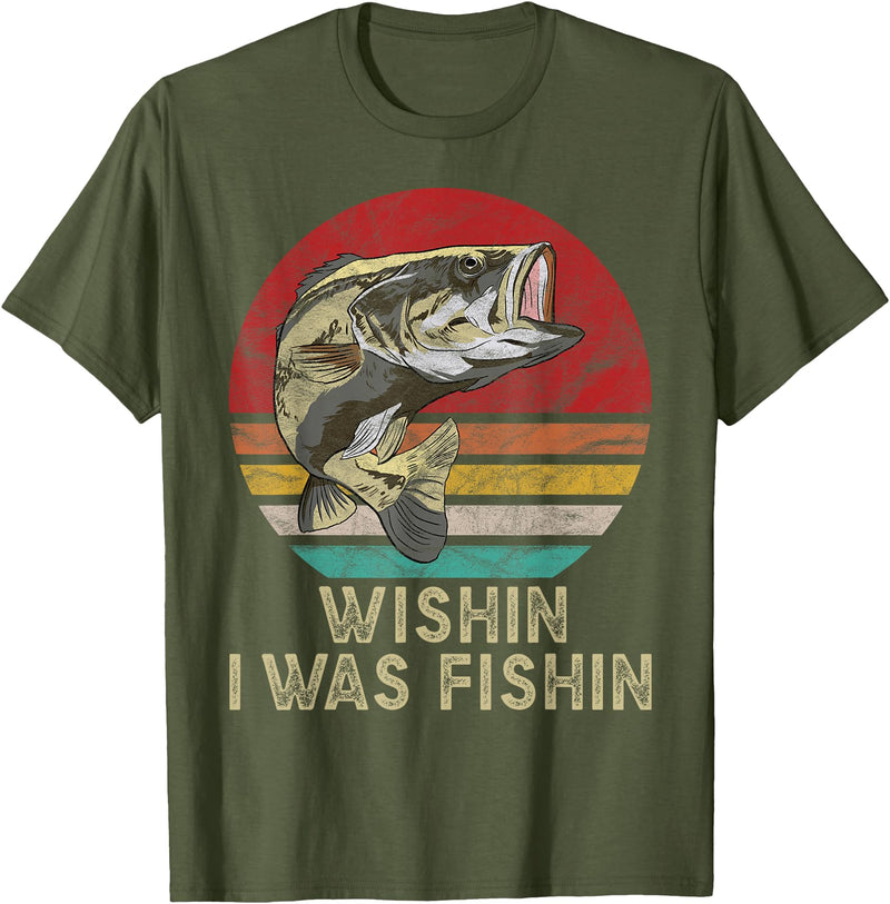 Wish I Was Fishin Vintage Fishing Wishing I Was Fishing Funny Vintage Bassfish Gift T-Shirt - Olive Green